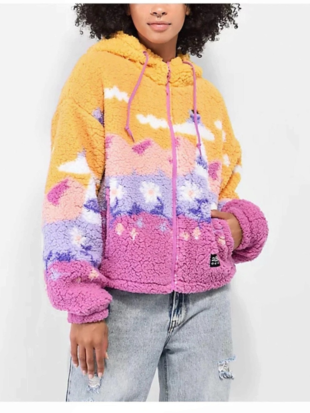 A-Lab Lydia Landscape Sherpa Zip Hoodie Pink Orange Purple XL